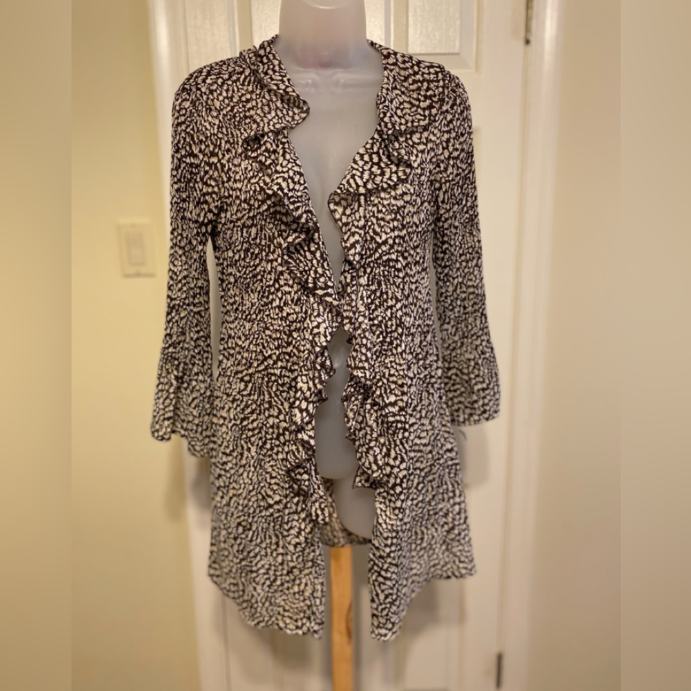 Sunny Leigh - Woman’s brown & cream animal print open tunic w/ruffles, Size: S